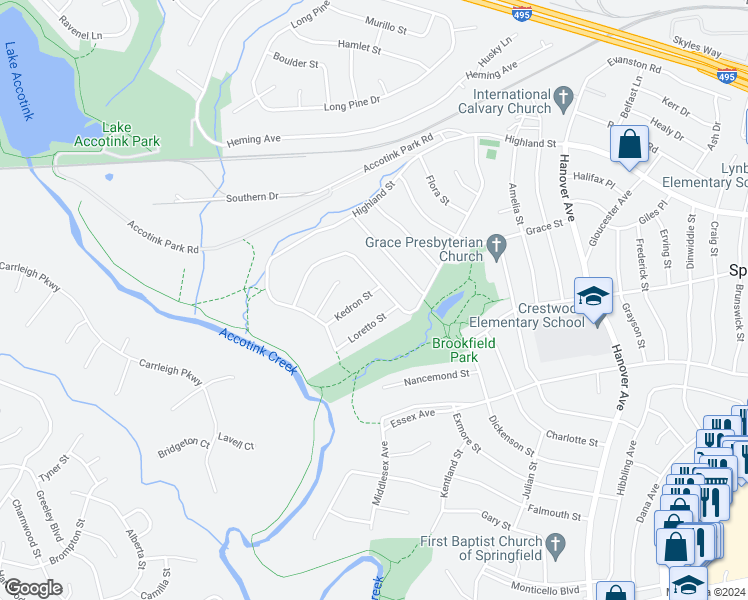 map of restaurants, bars, coffee shops, grocery stores, and more near 5951 Kedron Street in Springfield