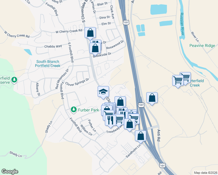 map of restaurants, bars, coffee shops, grocery stores, and more near 55 El Rancho Drive in Cloverdale