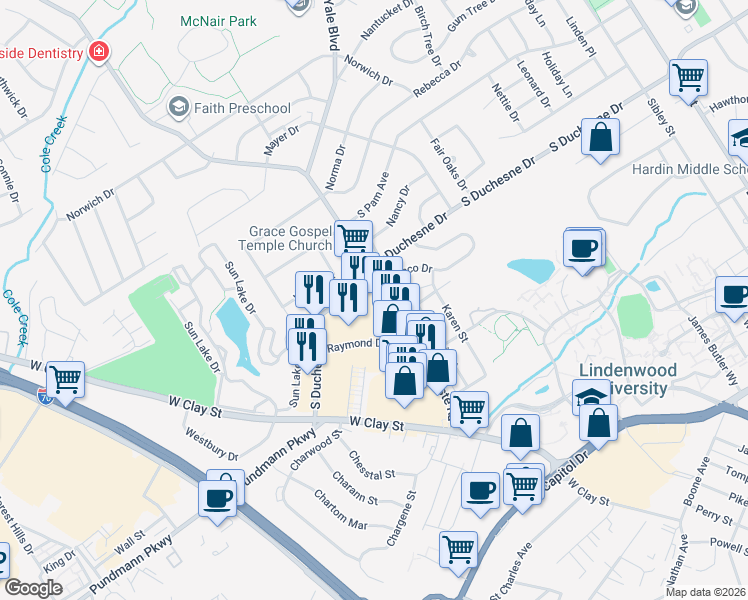 map of restaurants, bars, coffee shops, grocery stores, and more near 2215 Droste Road in St. Charles