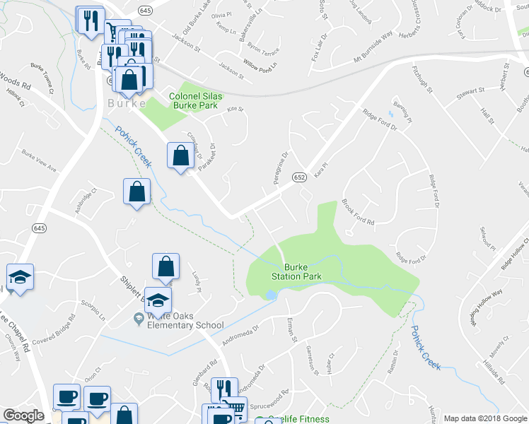 map of restaurants, bars, coffee shops, grocery stores, and more near 9237 Burke Road in Burke