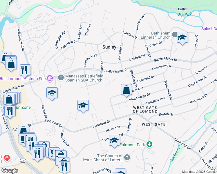 map of restaurants, bars, coffee shops, grocery stores, and more near 7711 Anderson Court in Manassas