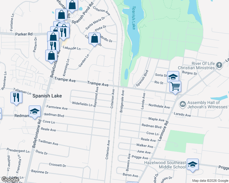 map of restaurants, bars, coffee shops, grocery stores, and more near 1370 Trampe Avenue in St. Louis