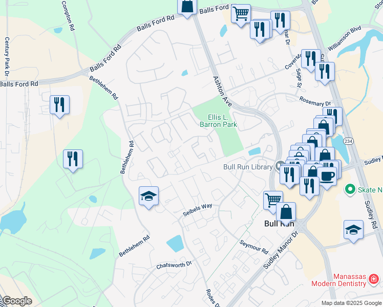 map of restaurants, bars, coffee shops, grocery stores, and more near 11212 Stagestone Way in Manassas