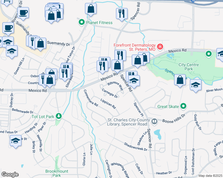 map of restaurants, bars, coffee shops, grocery stores, and more near 1702 Carnegie Drive in St. Peters
