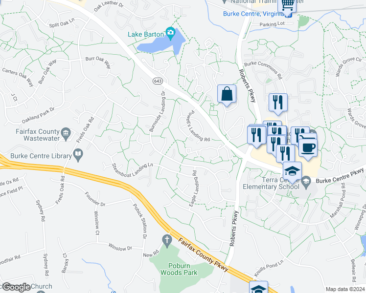 map of restaurants, bars, coffee shops, grocery stores, and more near 6176 Martins Landing Court in Burke