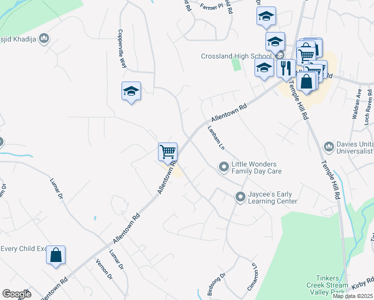 map of restaurants, bars, coffee shops, grocery stores, and more near 7408 Allentown Road in Fort Washington