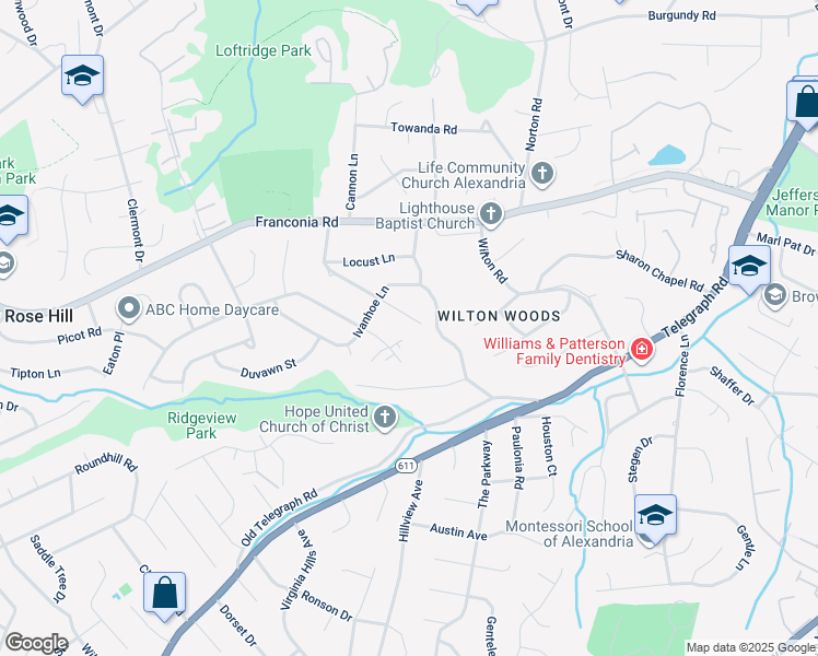 map of restaurants, bars, coffee shops, grocery stores, and more near 3803 Pine Brook Road in Alexandria