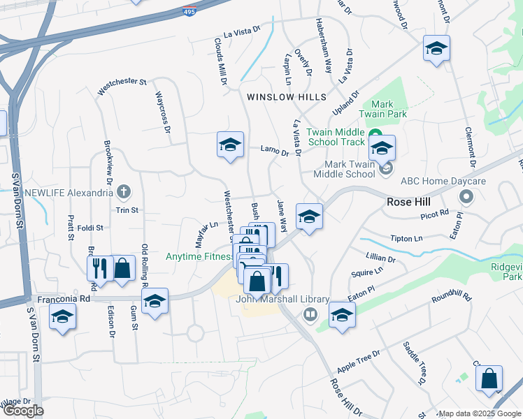 map of restaurants, bars, coffee shops, grocery stores, and more near 5933 Bush Hill Drive in Alexandria