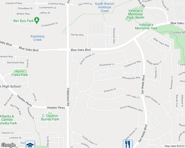 map of restaurants, bars, coffee shops, grocery stores, and more near 7541 Timberrose Way in Roseville