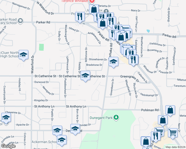 map of restaurants, bars, coffee shops, grocery stores, and more near 3575 Saint Catherine Street in Florissant