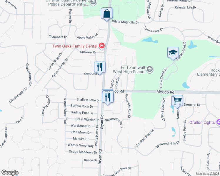 map of restaurants, bars, coffee shops, grocery stores, and more near 1228 Bryan Road in O'Fallon