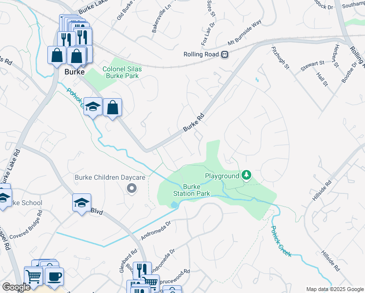 map of restaurants, bars, coffee shops, grocery stores, and more near 6015 Ticonderoga Court in Burke
