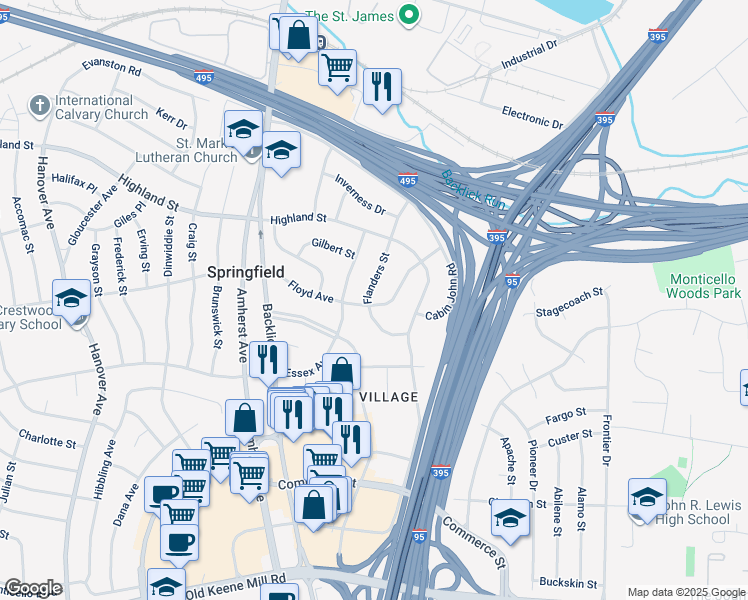 map of restaurants, bars, coffee shops, grocery stores, and more near 5917 Flanders Street in Springfield
