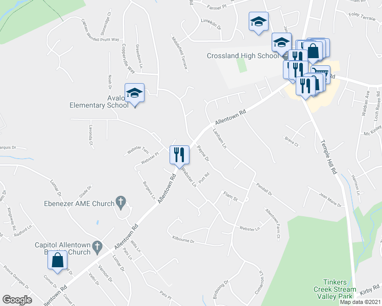 map of restaurants, bars, coffee shops, grocery stores, and more near 7408 Allentown Road in Fort Washington