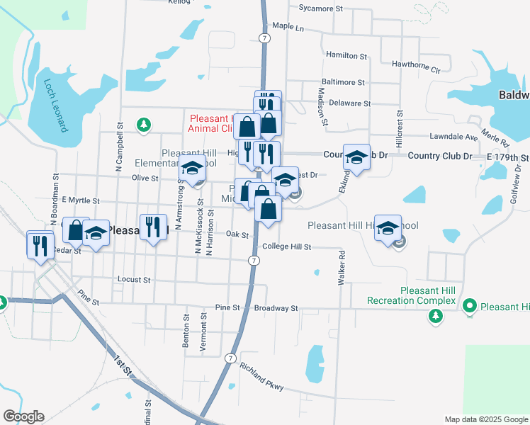 map of restaurants, bars, coffee shops, grocery stores, and more near 216 Missouri 7 in Pleasant Hill