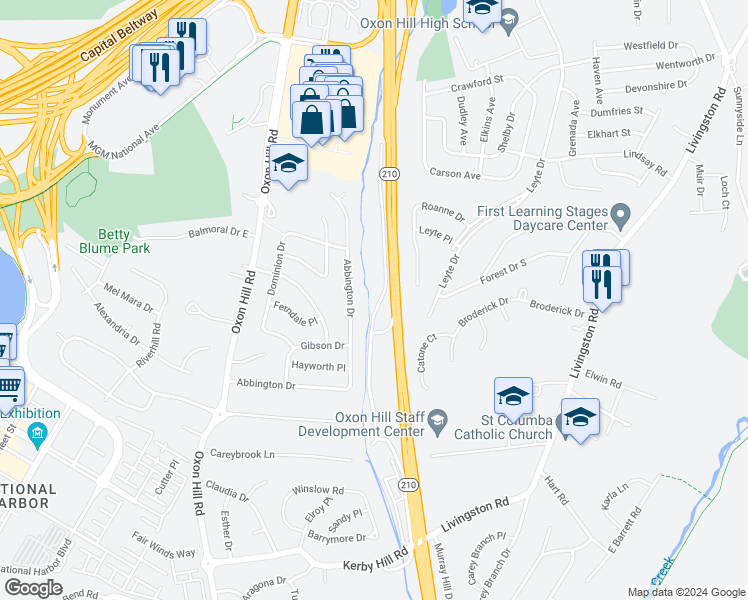 map of restaurants, bars, coffee shops, grocery stores, and more near 517 Wilson Bridge Drive in Oxon Hill