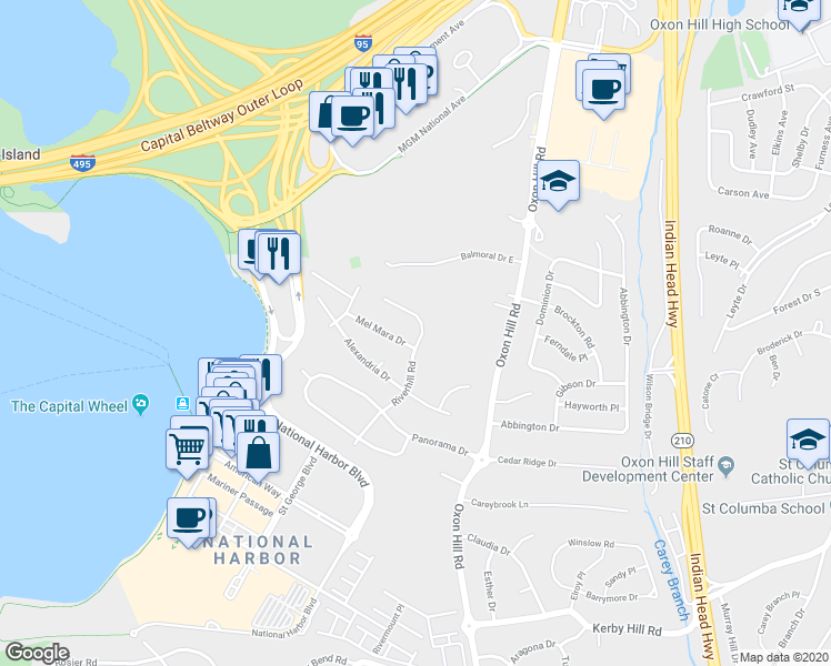 map of restaurants, bars, coffee shops, grocery stores, and more near 7315 Riverhill Road in Oxon Hill
