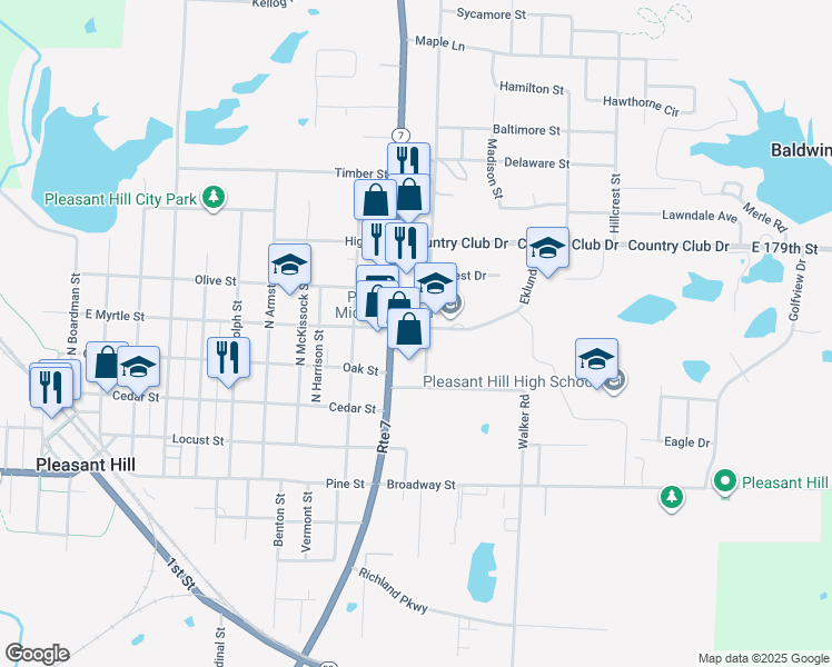 map of restaurants, bars, coffee shops, grocery stores, and more near 216 Missouri 7 in Pleasant Hill