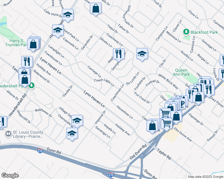 map of restaurants, bars, coffee shops, grocery stores, and more near 7384 Cartwheel Lane in Hazelwood