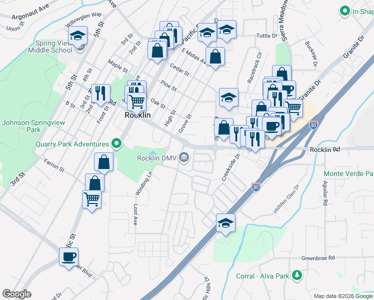 map of restaurants, bars, coffee shops, grocery stores, and more near 5204 Levison Way in Rocklin