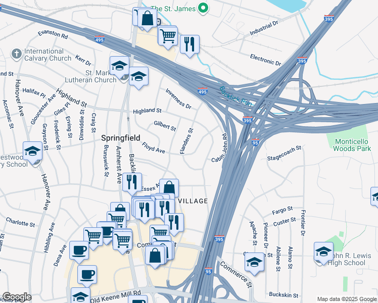 map of restaurants, bars, coffee shops, grocery stores, and more near 6822 Floyd Avenue in Springfield