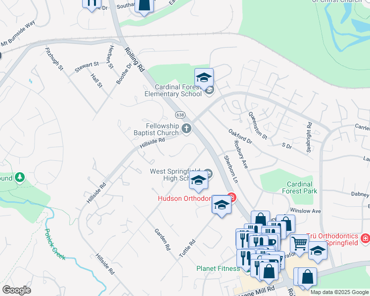 map of restaurants, bars, coffee shops, grocery stores, and more near 8611 James Creek Drive in West Springfield