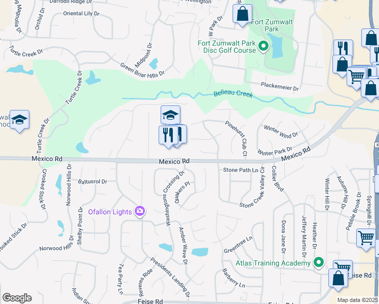 map of restaurants, bars, coffee shops, grocery stores, and more near 1120 Rock Creek Elementary School Drive in O'Fallon