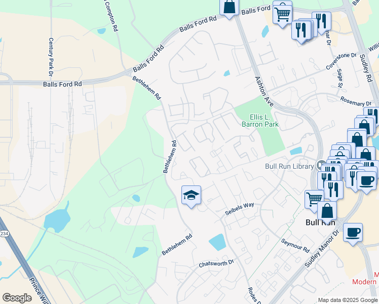 map of restaurants, bars, coffee shops, grocery stores, and more near 7772 Blackburn Ridge Drive in Manassas