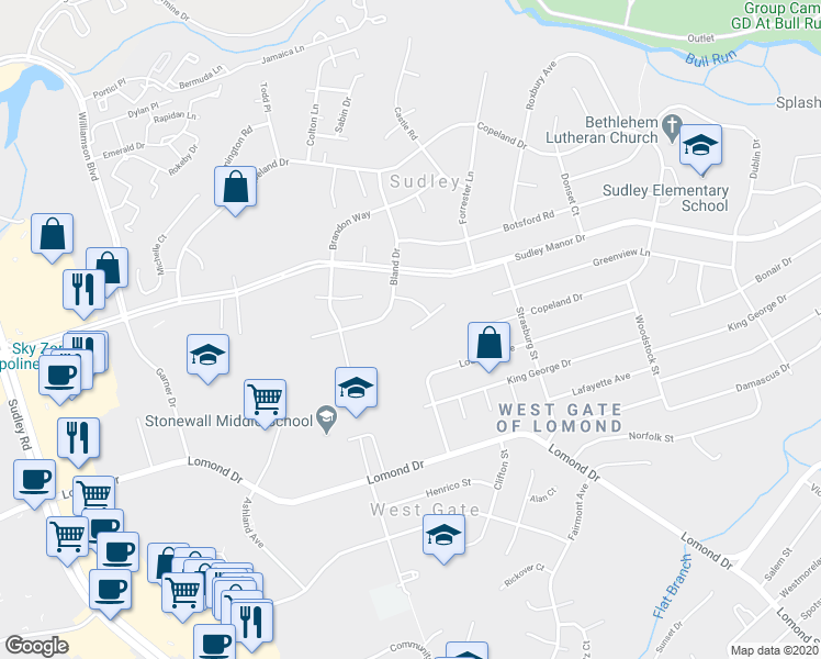 map of restaurants, bars, coffee shops, grocery stores, and more near 9711 Anderson Court in Manassas