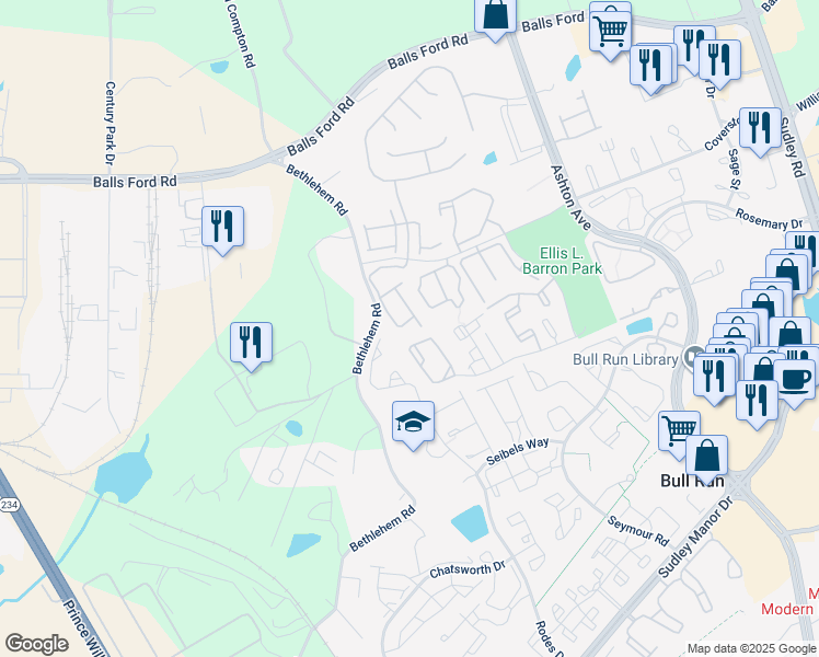map of restaurants, bars, coffee shops, grocery stores, and more near 7772 Blackburn Ridge Drive in Manassas