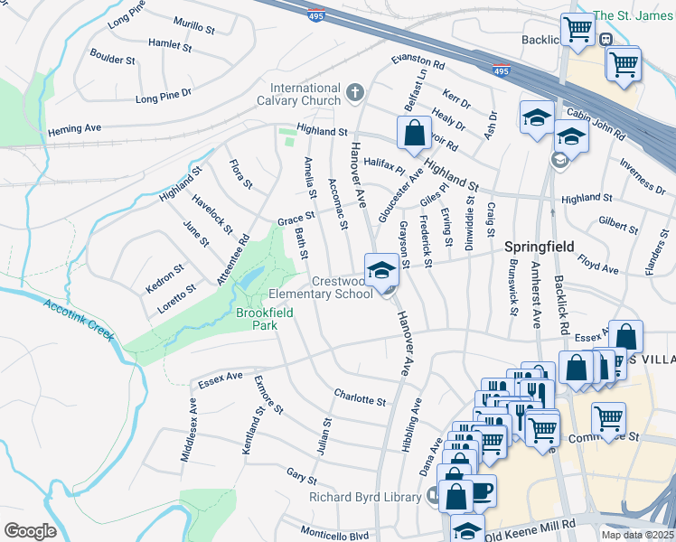 map of restaurants, bars, coffee shops, grocery stores, and more near 7311 Floyd Avenue in Springfield