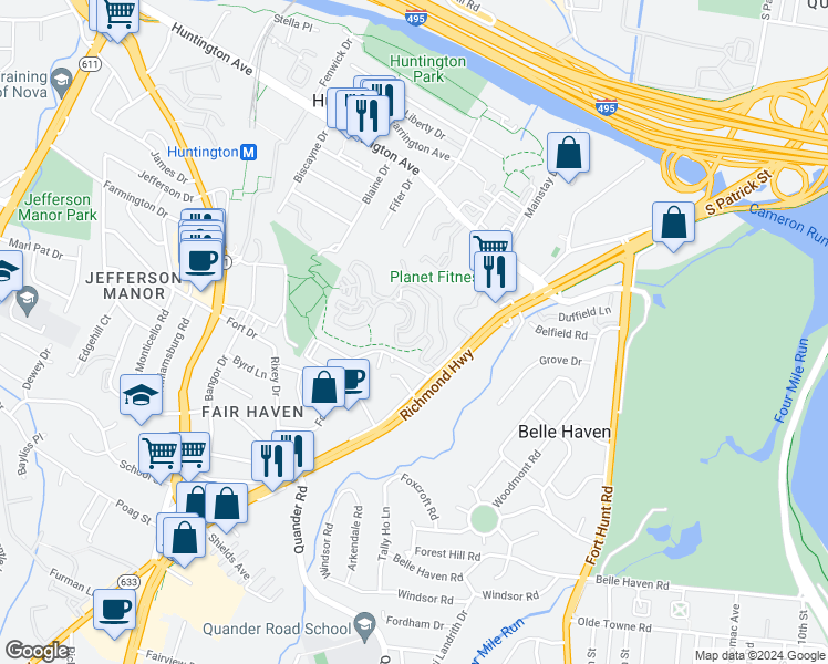 map of restaurants, bars, coffee shops, grocery stores, and more near 5904 Mount Eagle Drive in Alexandria