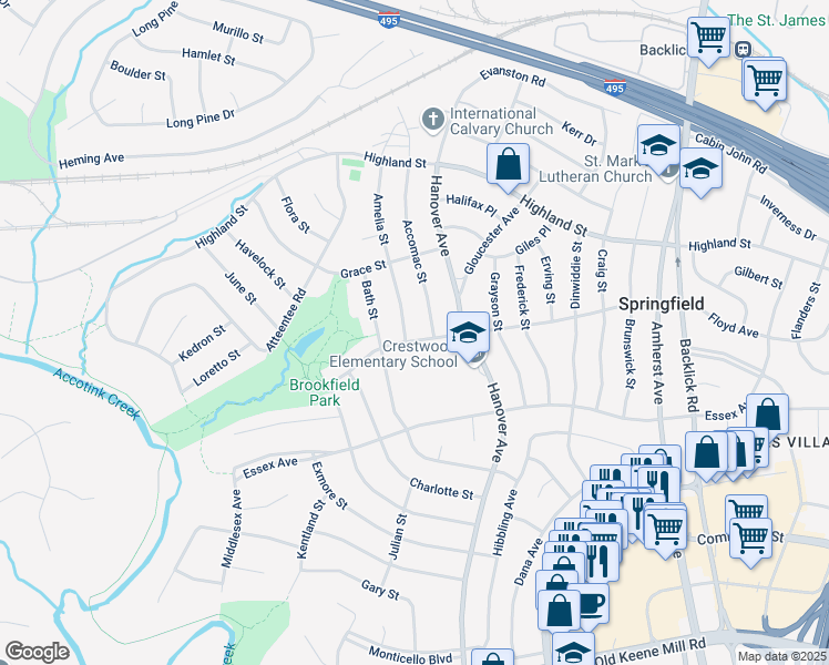 map of restaurants, bars, coffee shops, grocery stores, and more near 7311 Floyd Avenue in Springfield