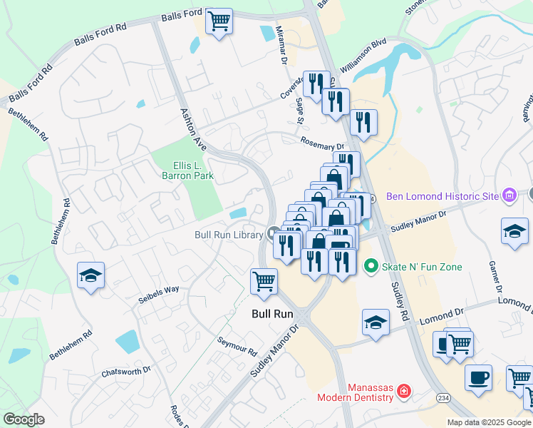 map of restaurants, bars, coffee shops, grocery stores, and more near 7615 Monitor Court in Manassas