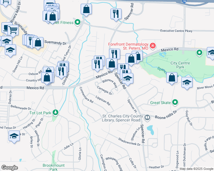 map of restaurants, bars, coffee shops, grocery stores, and more near 1702 Carnegie Drive in St. Peters