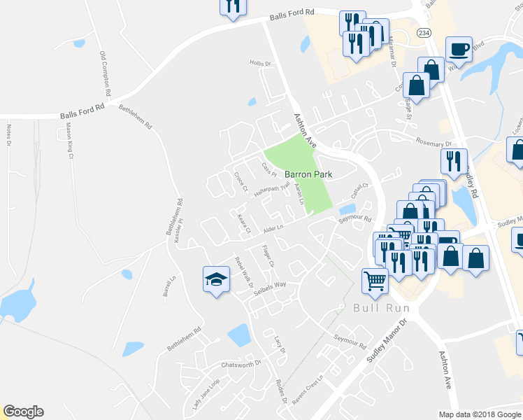 map of restaurants, bars, coffee shops, grocery stores, and more near 11172 Stagestone Way in Manassas
