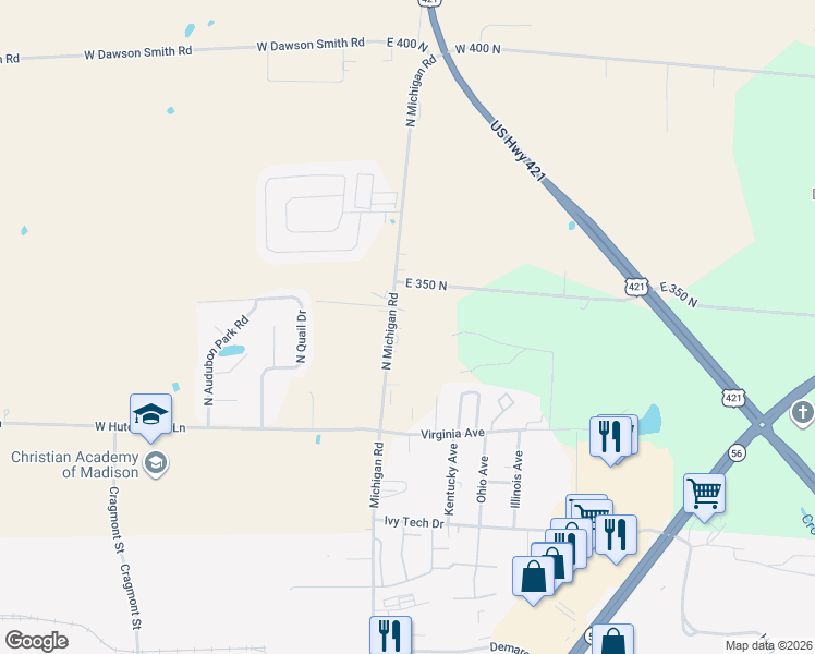 map of restaurants, bars, coffee shops, grocery stores, and more near 3398 North Michigan Road in Madison
