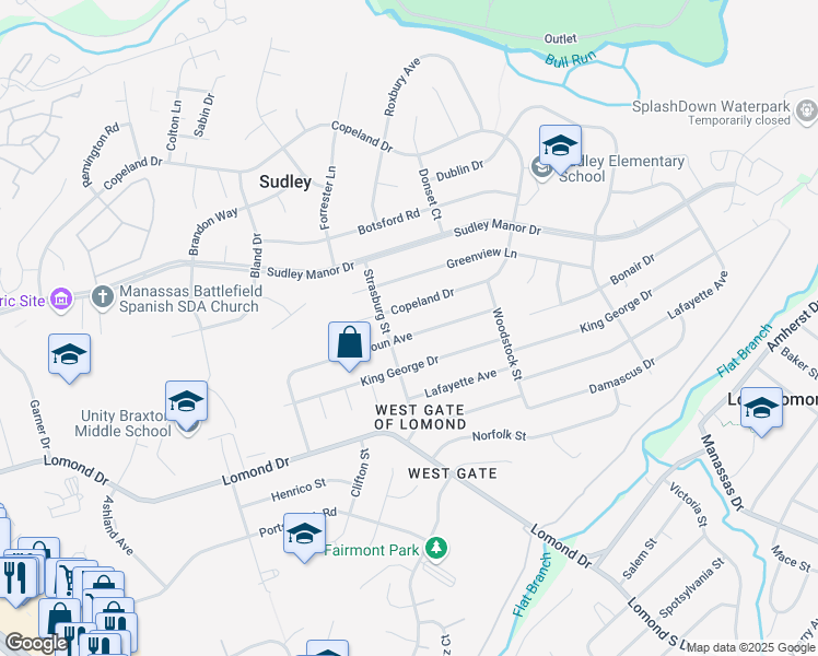 map of restaurants, bars, coffee shops, grocery stores, and more near 9726 Loudoun Avenue in Manassas