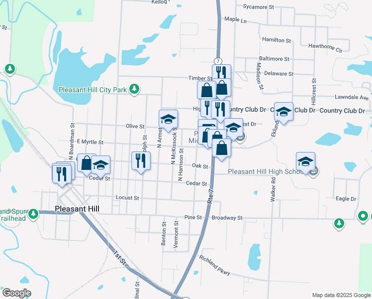 map of restaurants, bars, coffee shops, grocery stores, and more near 924 East Myrtle Street in Pleasant Hill