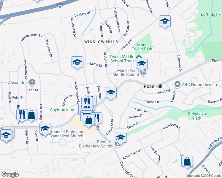 map of restaurants, bars, coffee shops, grocery stores, and more near 5923 Cauba Court in Alexandria