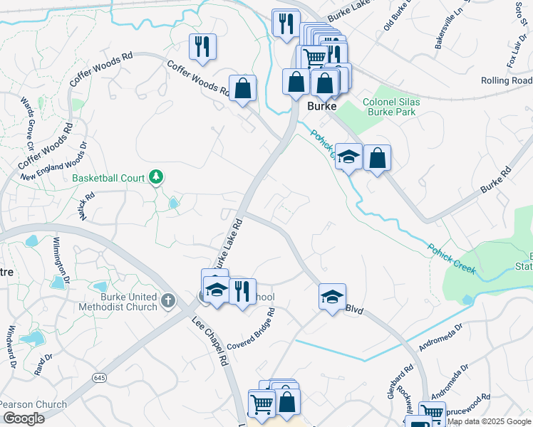 map of restaurants, bars, coffee shops, grocery stores, and more near 9527 Draycott Court in Burke