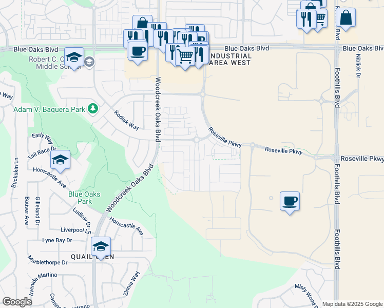 map of restaurants, bars, coffee shops, grocery stores, and more near 6056 Campus Parkway in Roseville