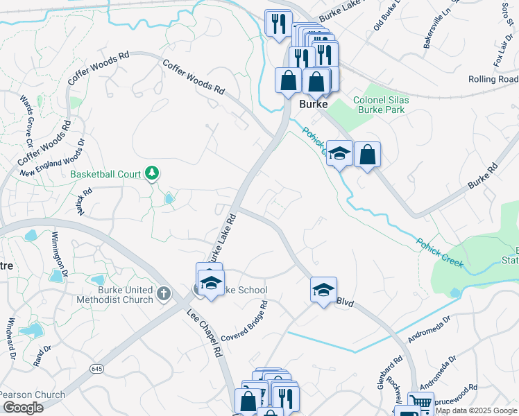 map of restaurants, bars, coffee shops, grocery stores, and more near 9527 Draycott Court in Burke
