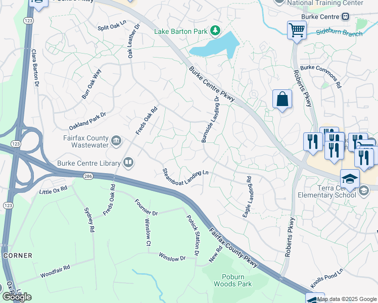 map of restaurants, bars, coffee shops, grocery stores, and more near 10625 Battalion Landing Court in Burke