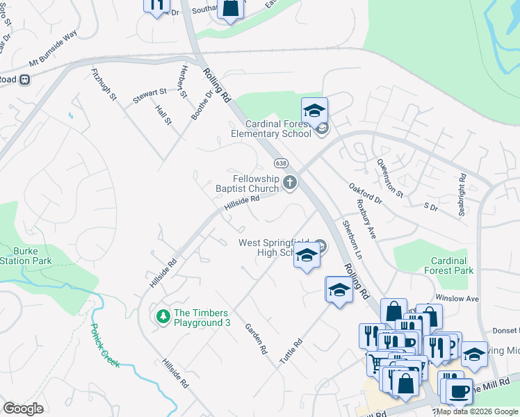 map of restaurants, bars, coffee shops, grocery stores, and more near 6011 Timber Hollow Lane in West Springfield