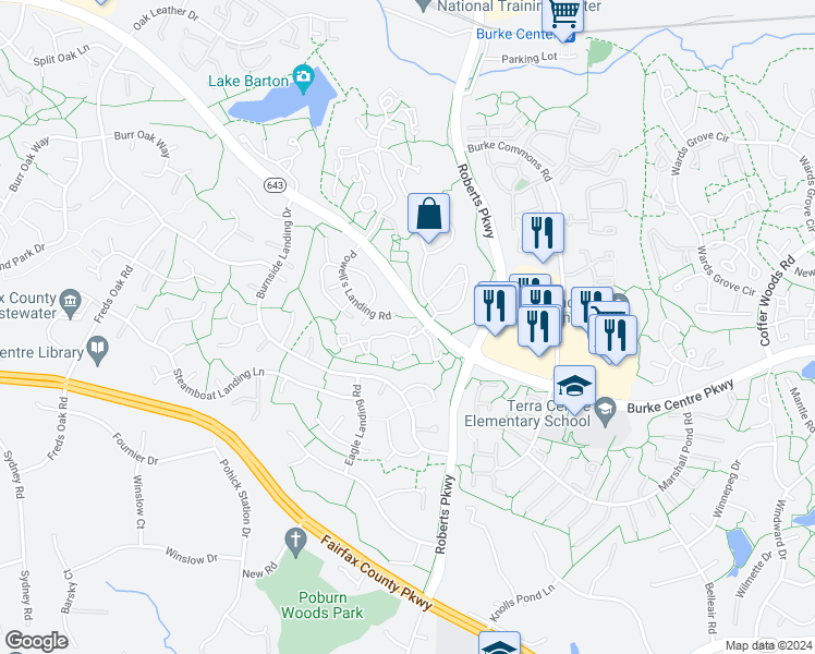 map of restaurants, bars, coffee shops, grocery stores, and more near 6016 Martins Landing Lane in Burke