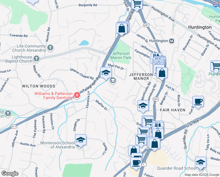 map of restaurants, bars, coffee shops, grocery stores, and more near 3110 Madison Hill Court in Alexandria