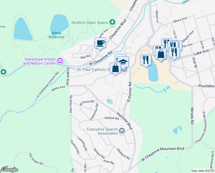 map of restaurants, bars, coffee shops, grocery stores, and more near 1661 Mesa Avenue in Colorado Springs