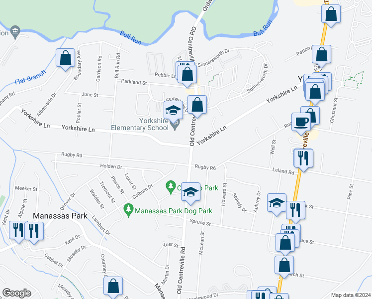 map of restaurants, bars, coffee shops, grocery stores, and more near 8701 Yorkshire Lane in Manassas