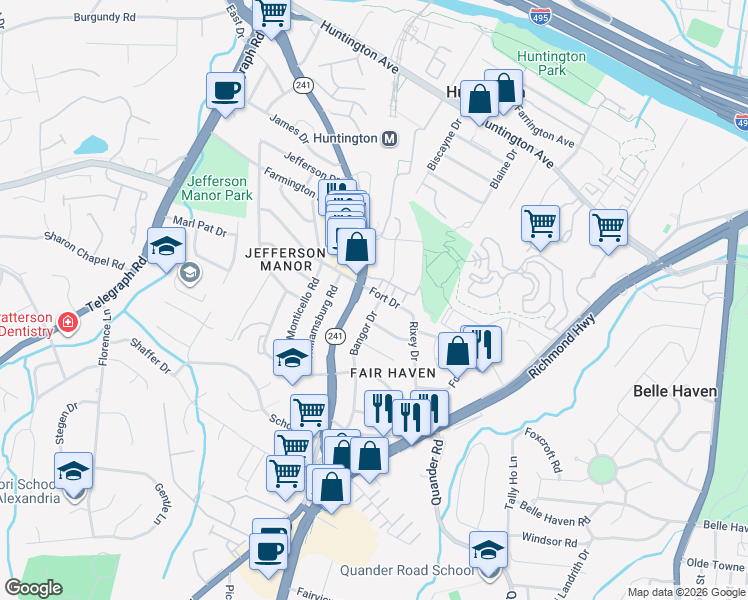 map of restaurants, bars, coffee shops, grocery stores, and more near 2501 Fort Drive in Alexandria